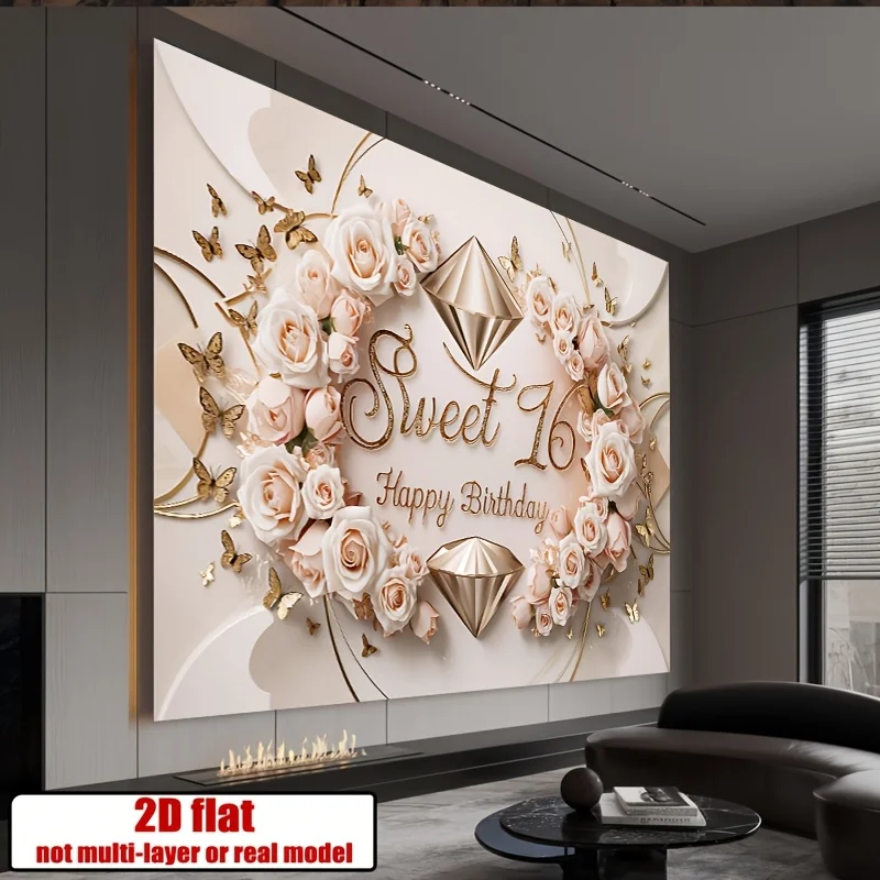 Sweet 16 Birthday Tapestry, Floral Glitter Celebration Wall Art for Teen Room Decor and Party Photo Backdrop