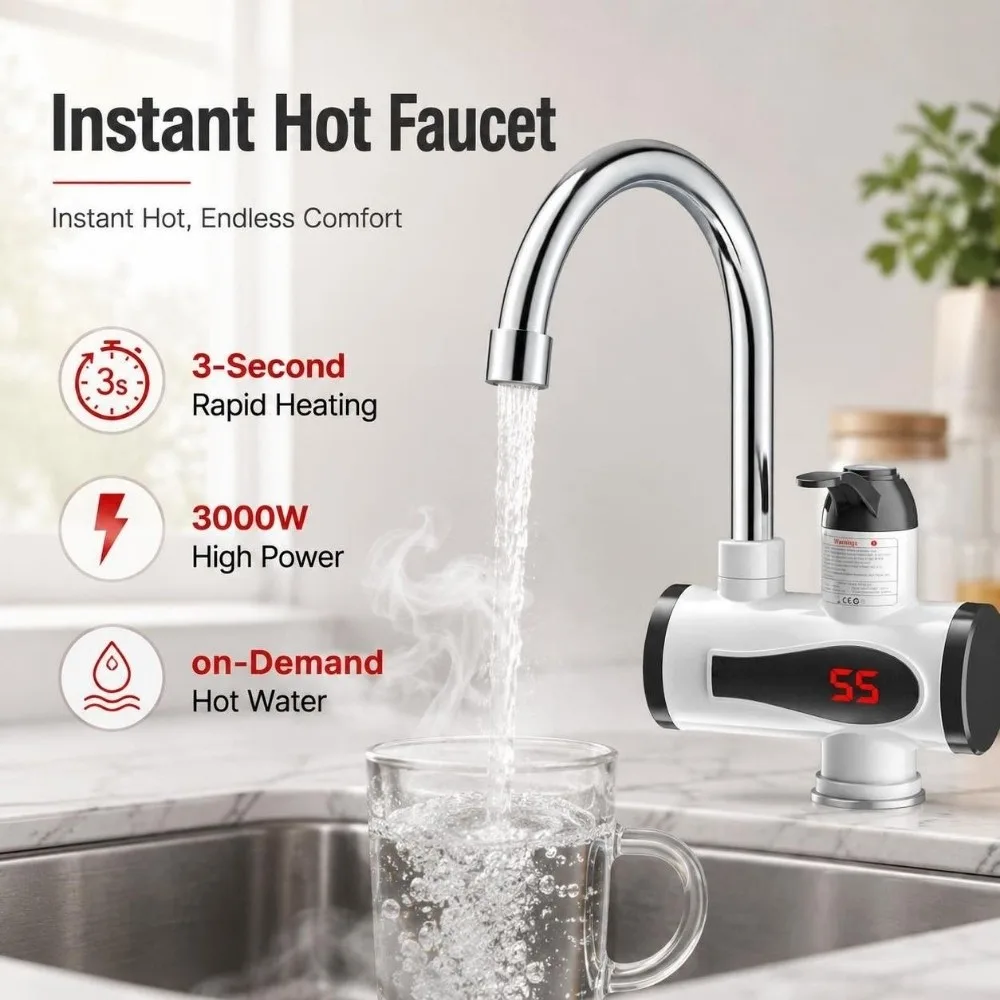 3秒で急速加熱、瞬時に温水が出る蛇口。3000wのタンク式ではない給湯器。360°対応。-°-オンデマンド給湯