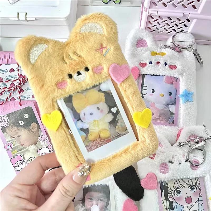 Kawaii animal Rabbit Bear Cat Plush Photocard Holder Kpop Idol Girl Cute Photo Card Holder Keychain Protector School Stationery
