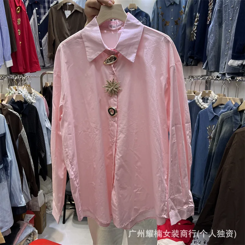 Personalized Metal Buckle Loose Long Sleeve Women Blouses Solid Color All-match Single-breasted Long Sleeve Casual Cardigans Top