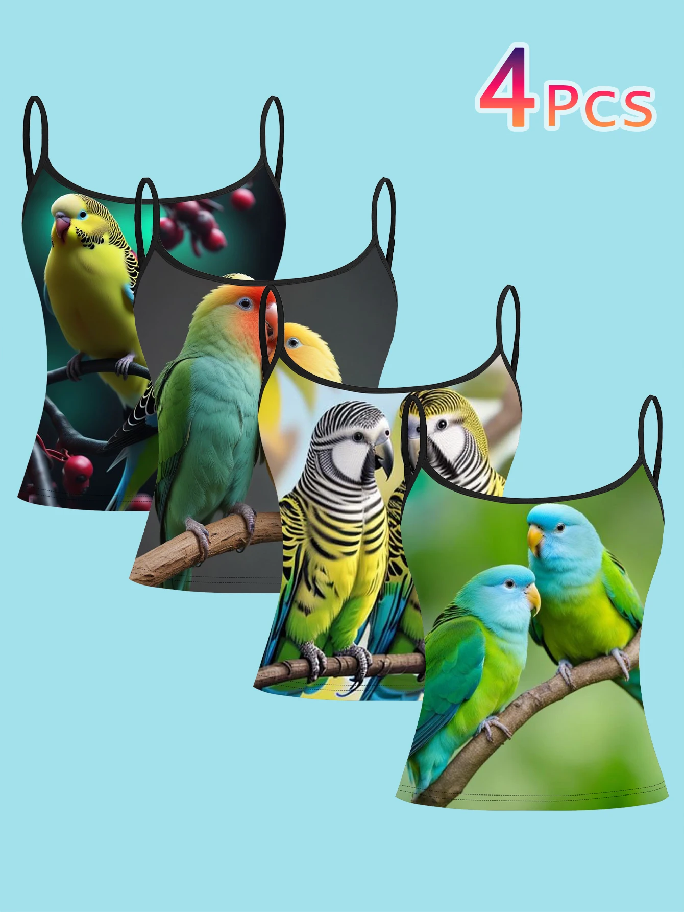 4-Piece Set of Cute Pet Couple Parrot Pattern Camisole Set, Multi-Colored Realistic Bird Print Women's Spaghetti Strap Inner Wear
