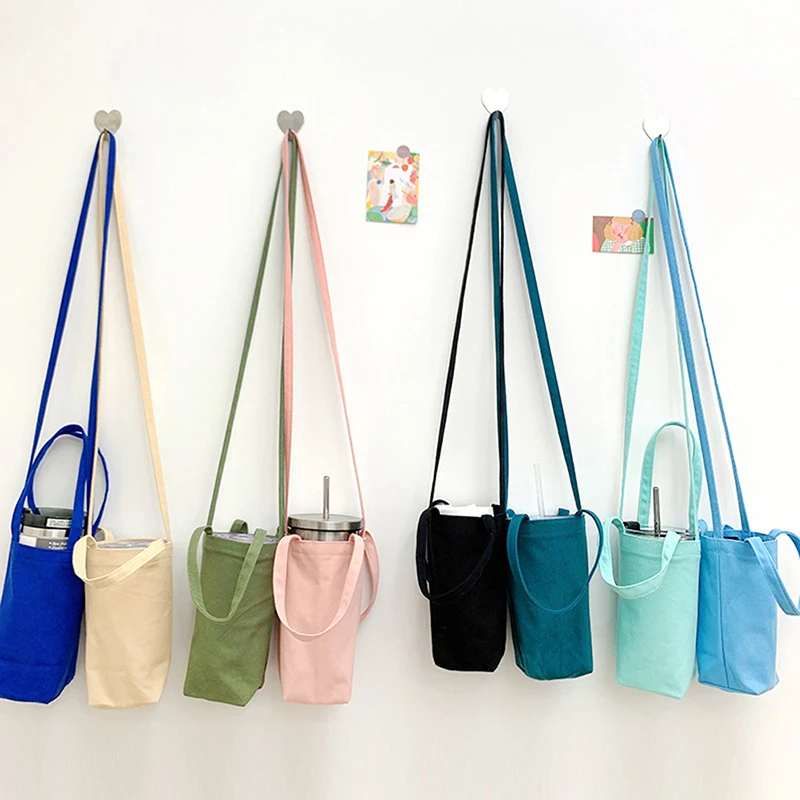 Water Bottle Bag Crossbody Simple Solid Color Cup Protector Portable Canvas Protective Sleeve With Strap Bottles Holder