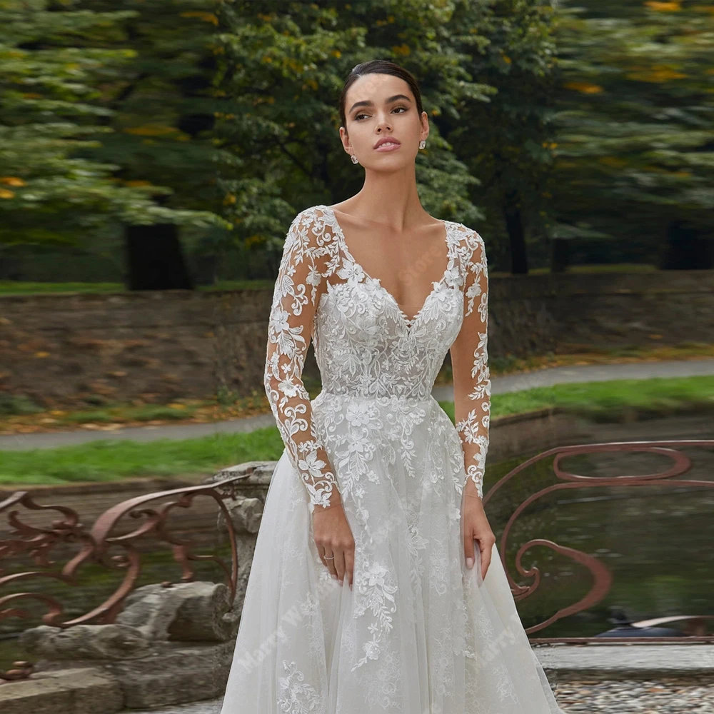 2026 Abiti da sposa squisiti personalizzati con scollo a V per le donne Romantico vintage Tulle A-Line Illusion Applique in pizzo Vestido De Novia