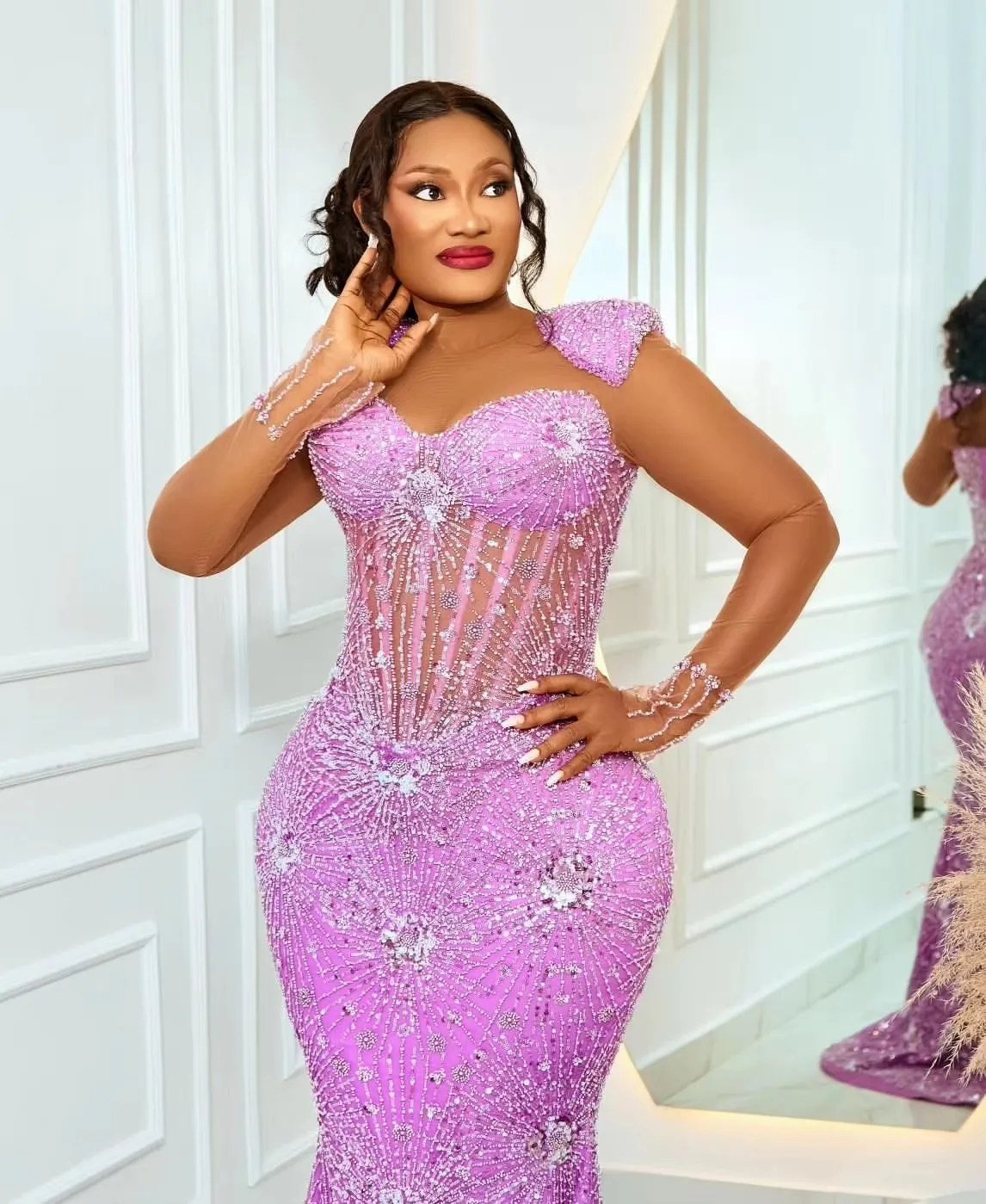 Luxury Lilac Beaded Lace Mermaid Prom Dresses Plus Size African Formal Party Dress Customized Asoebi Wedding Gown Birthday Dress