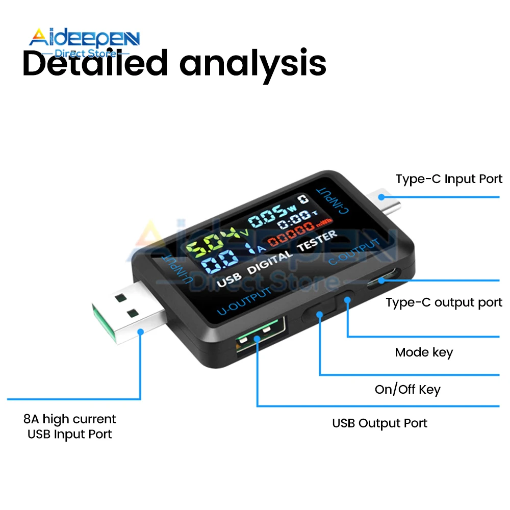 DC 4.5-36V 0-5A 0-8A Multifunctional Digital Display Voltage And Current Capacity Tester USB+Type-c Voltage And Current Tester