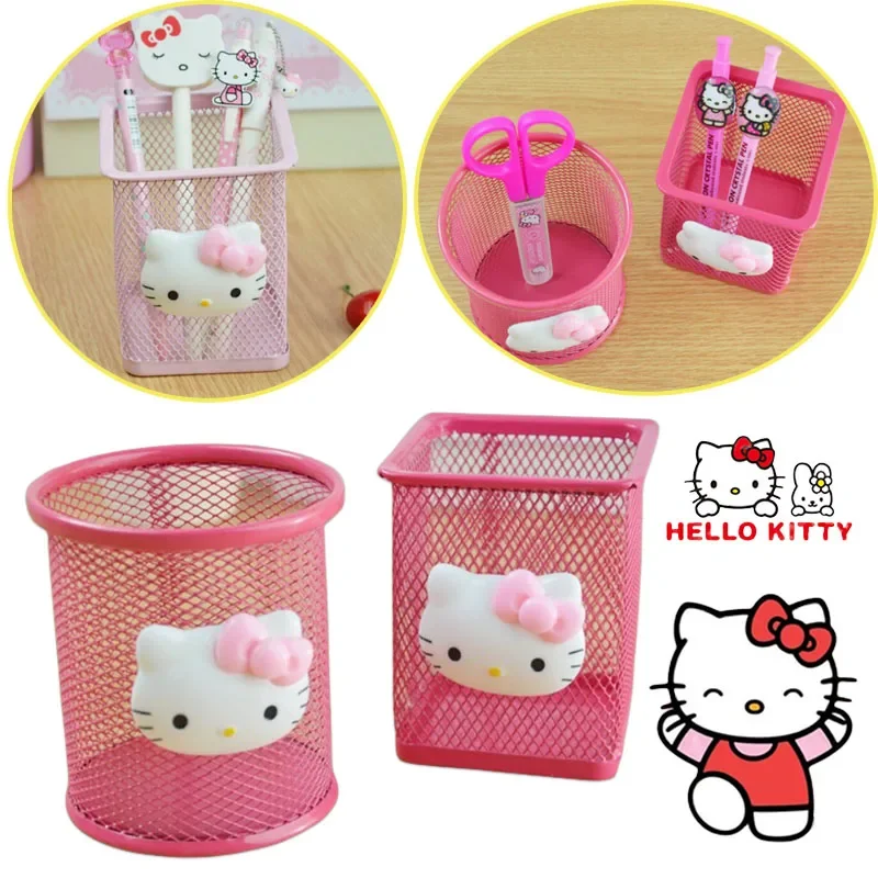 Sanrio Hello Kitty-portalápices de Anime, almacenamiento de pinceles de papelería, estuche de bolígrafo para brochas de maquillaje de malla, caja