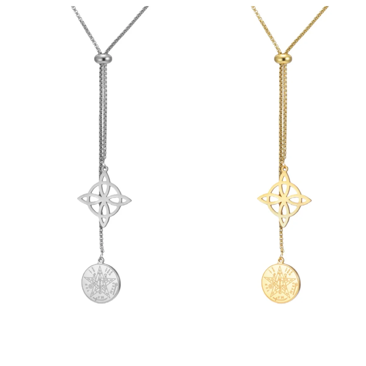 New Witch Knot Stainless Steel Necklace Double-Sided Corroded Round Solomon Pendant Pullable Box Chain Gift Jewelry Accessories