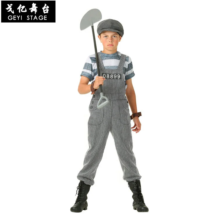 Cos prison inmate Costume Halloween stage performance costume with trousers on the back, prisoner costume with wrists and cuffs,