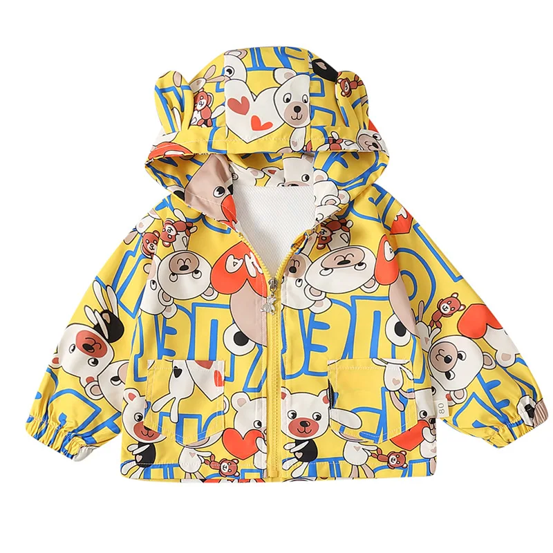 Korean Spring Autumn Toddler Boys Coat Cartoon Printed Hooded Zipper Loose Kids Boys Windbreaker Coat Baby Boys Jacket