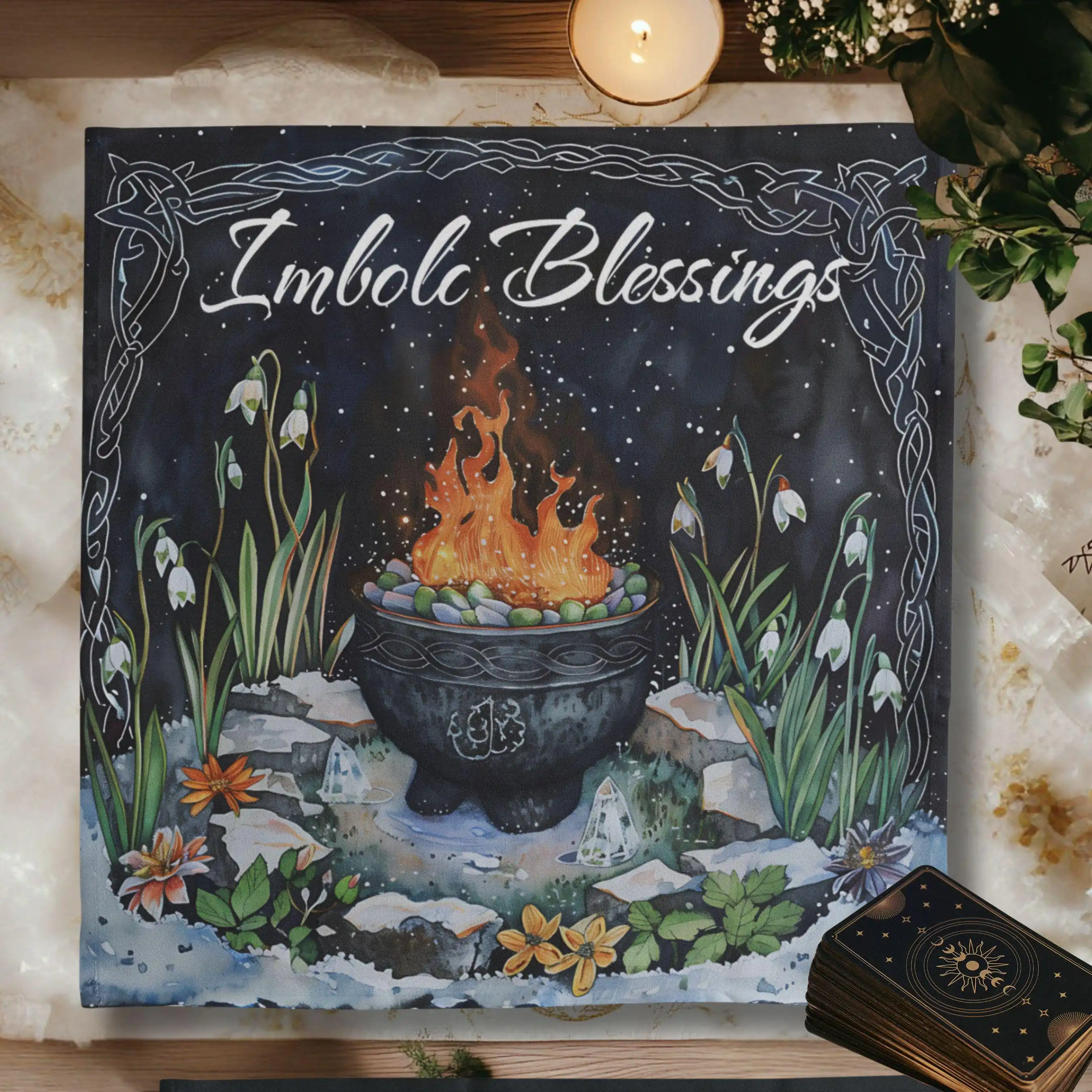 VIKAMA Igneous Torch Crucible Tablecloth Celtic Snowdrop Flower Witch Altar Cloth Tarot Divination Tarot Card Tablecloth