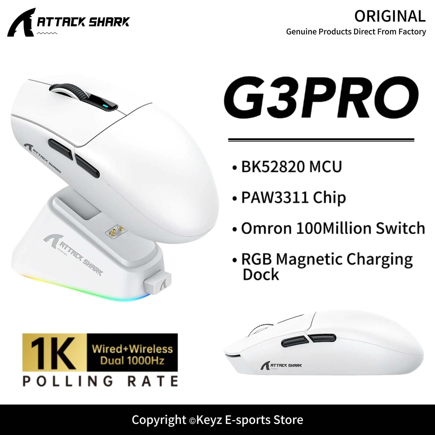 ATTACKSHARK G3Pro G3 Tri-Mode Lightweight Gaming Mouse PAW3311 Sensor 25000DPI 1000Hz Polling Rate RGB Magnetic Charging Dock