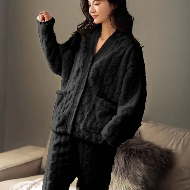 Women Pajama Sets Chic Solid Single Breasted Ulzzang Comfortable Homewear Females Thick Warm Soft Flannel Simple Leisure V-neck