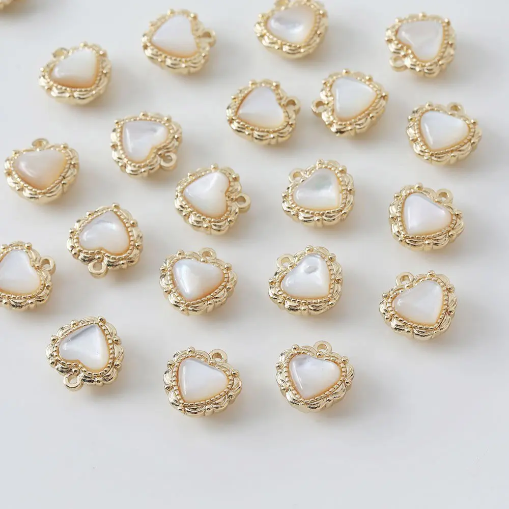 2PCS 12mm Heart-shaped Shell Necklace Pendant Charms for Jewelry Making DIY Hand Made Bracelet Brass 14k Gold Plated Accessories