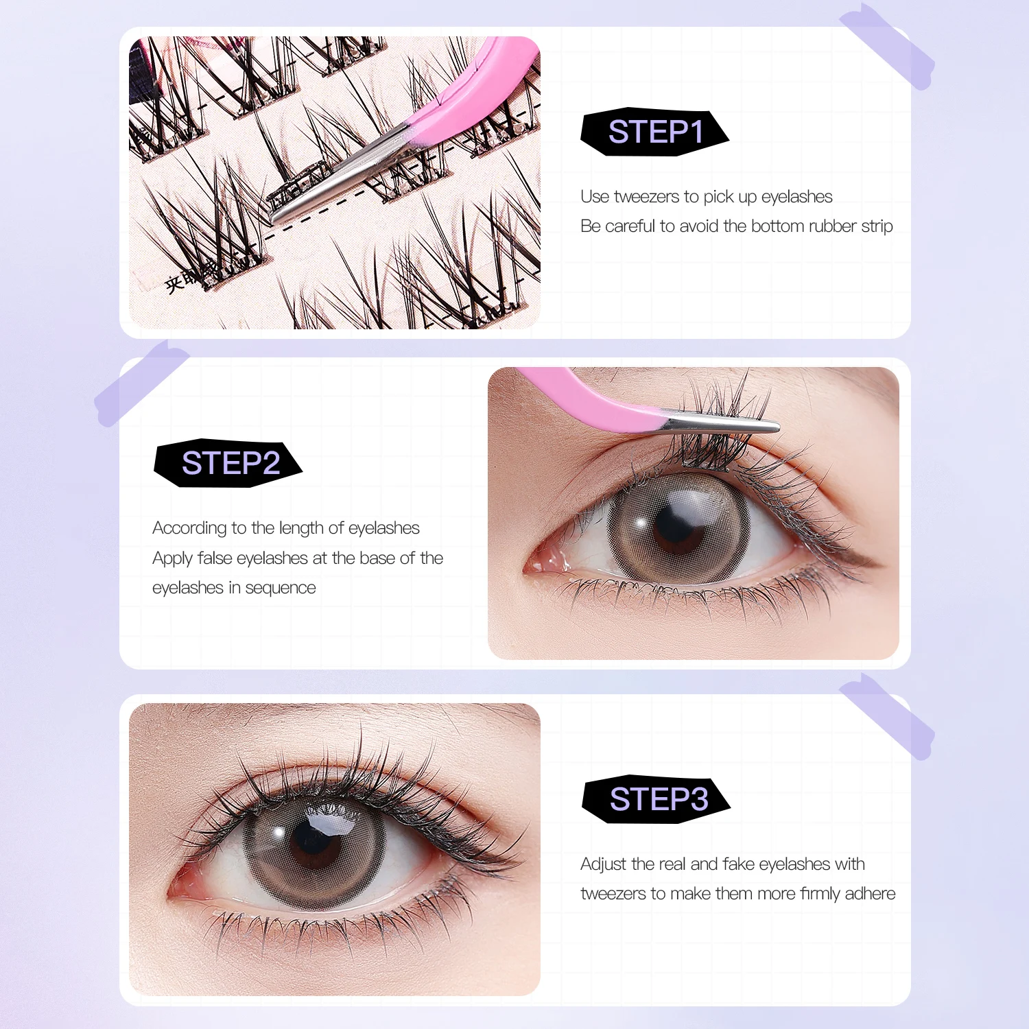 10 fileiras de cílios postiços fofos sem cola, faça você mesmo, autoadesivos, segmentados, grossos, naturais, fácil aplicação, ampliar os olhos