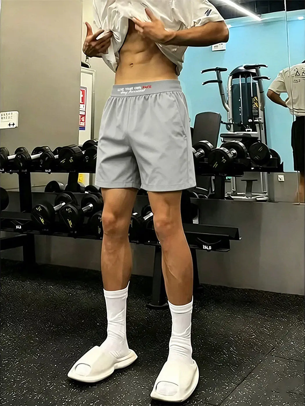 Light Grey Ice Silk Quick Dry Fitness Shorts Men's Summer American Embroidery Sports Pants Basketball Training Quarter Pants