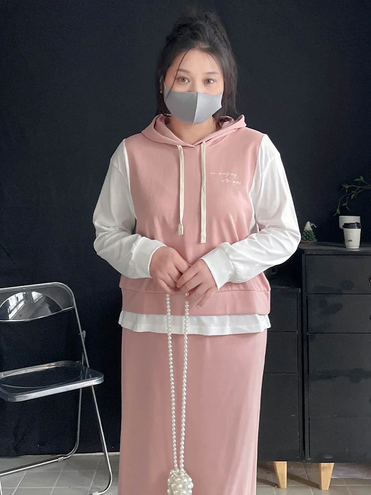 

plus Size Women's Outfit 200 Pou Long Sve Hoodie Skirt Set Loose Slimming Korean Sle Bamboo Cotton Blend Autumn Wear