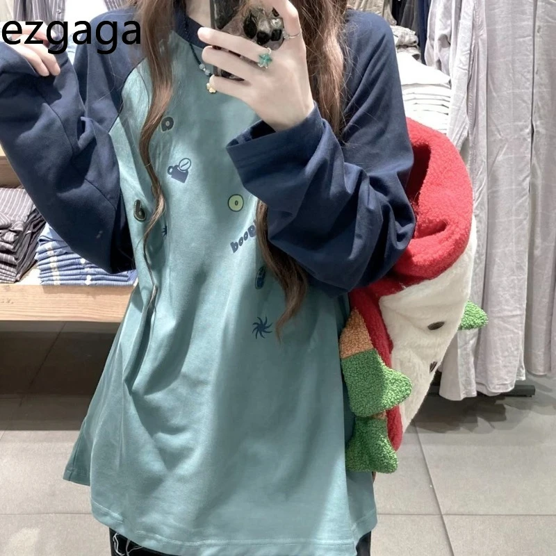 

Ezgaga T Shirts Women Loose Y2k Harajuku Long Sleeve Cartoon Embroidery Fashion Tops Female Contrast Female Casual Tshirt