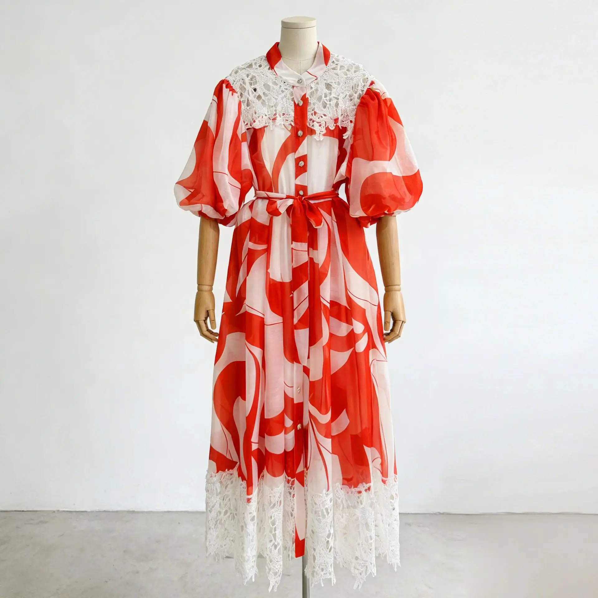 Vestido Camisero Casual con Estampado Abstracto, Vestido de Noche Vintage con Encaje y Crochet, Elegante Vestido de Fiesta con Mangas Farol para Salir de Noche