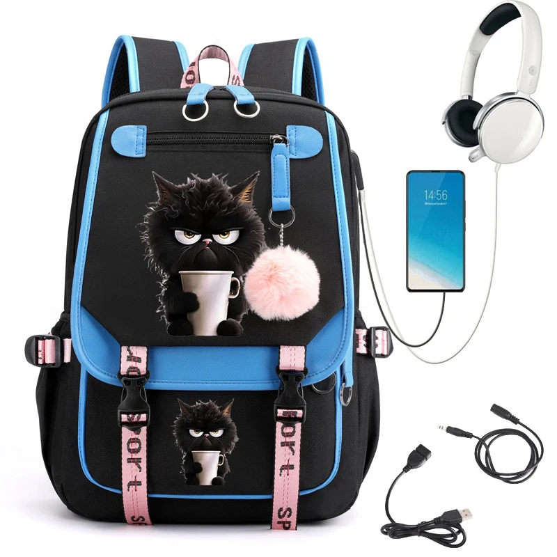 Black Cat Coffee Schoolbag for Girls Large Capacity Student Backpack High School Student Backpack Bags Cartoon Bagpack Usb Bags