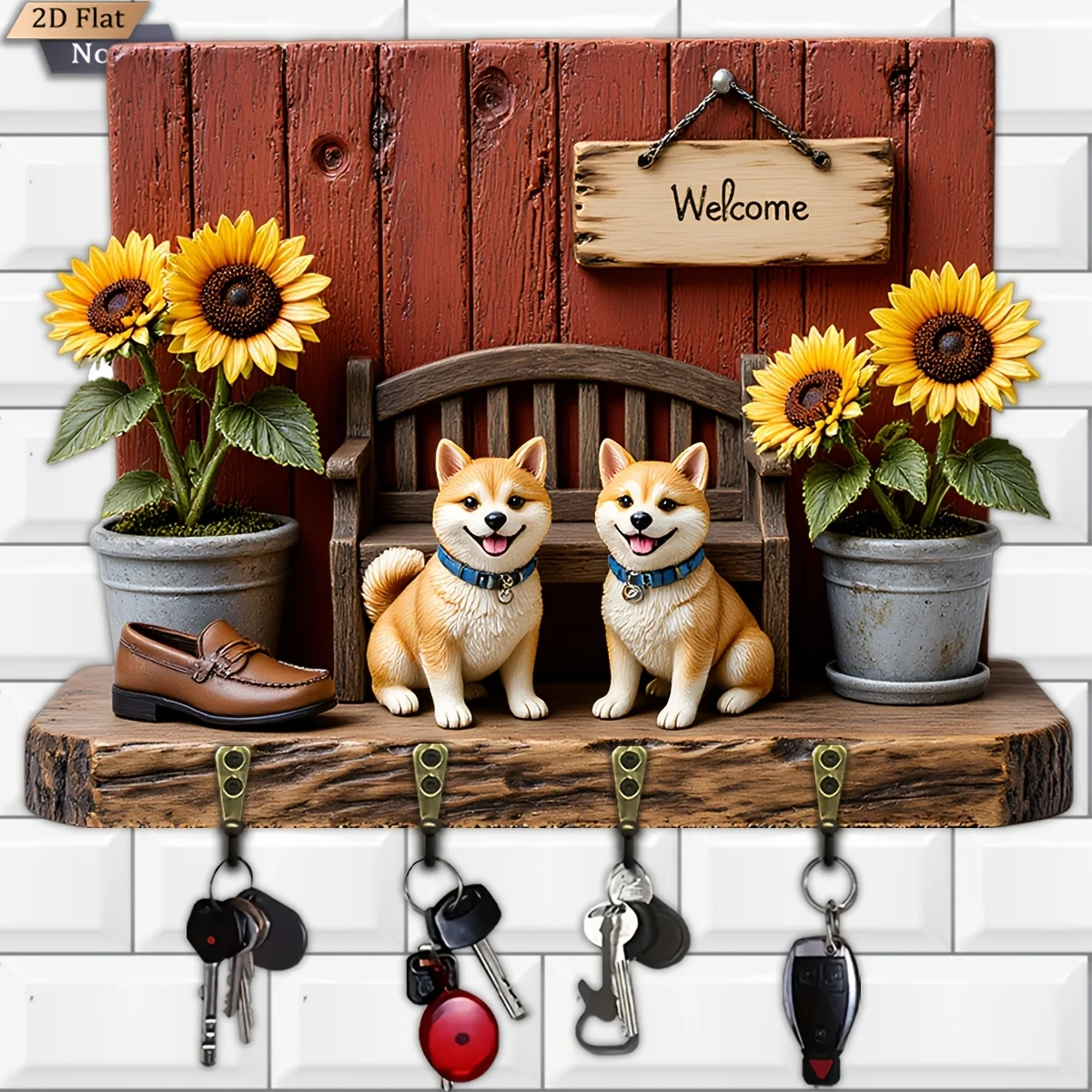 2D Flat, 1pc, Shiba Inu Sunflower Theme Key Hook - Wooden Multi-functional Home Keys Holder with Four Metal hooks. Wall