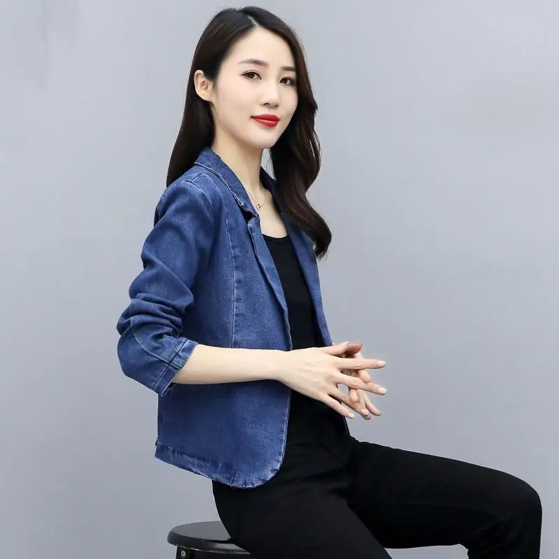 Spring Short Style Blue Denim Blazer Ladies Long-sleeved One Button Jeans Blazer Jackets For Women