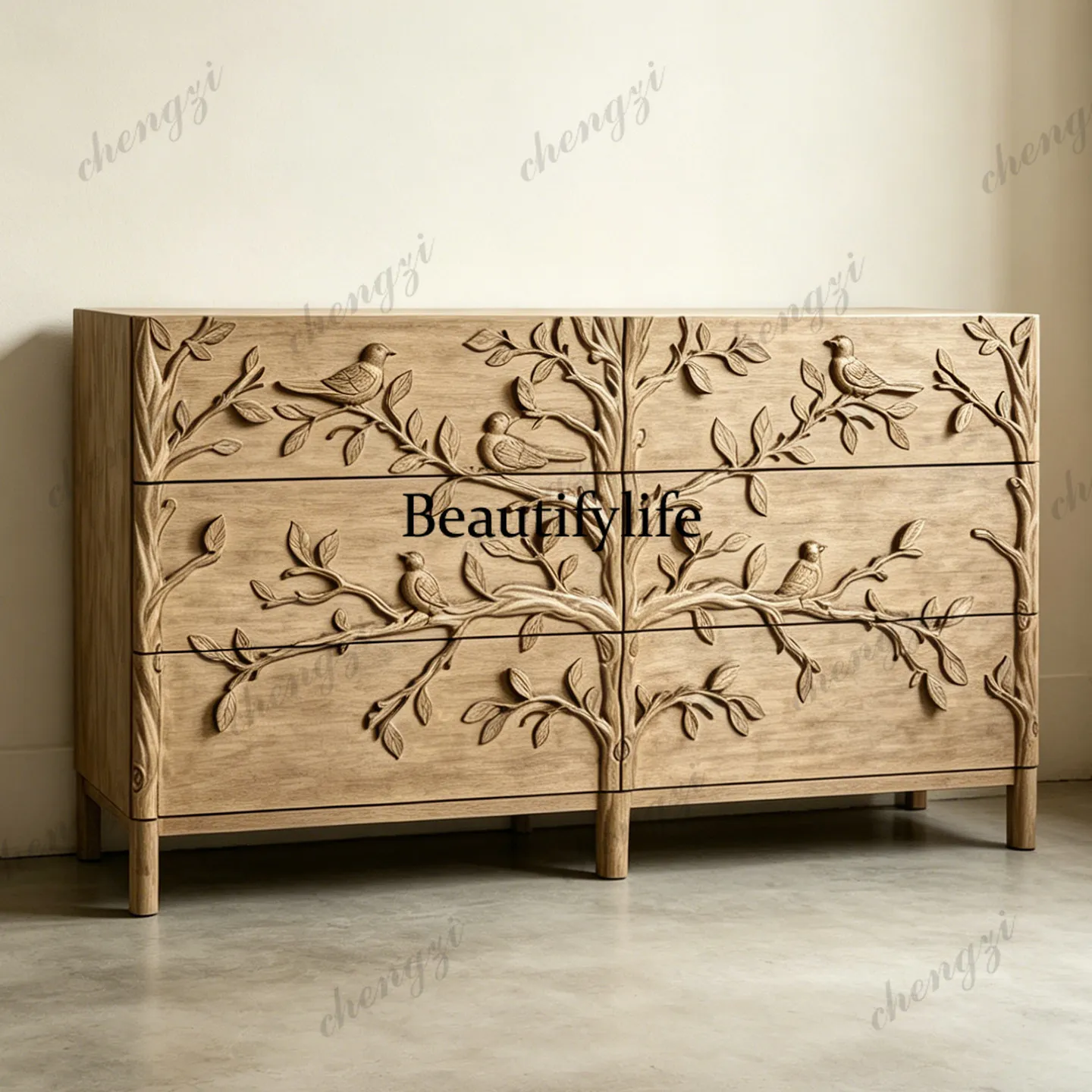 Chinese solid wood six-chest cabinet, carved flower and bird pattern, dining side cabinet, living room entrance, storage cabinet