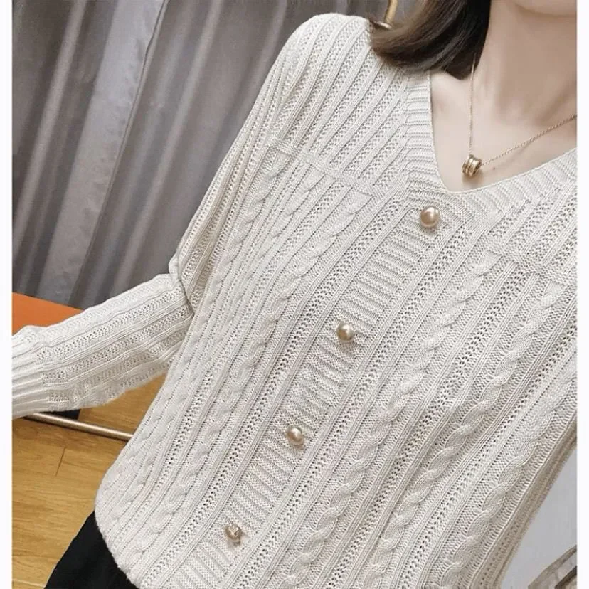 Korean V neck Vintage Fried Dough Twists Button Autumn Knitwear Women's Summer Long Sleeve Design Loose Top Early Autumn