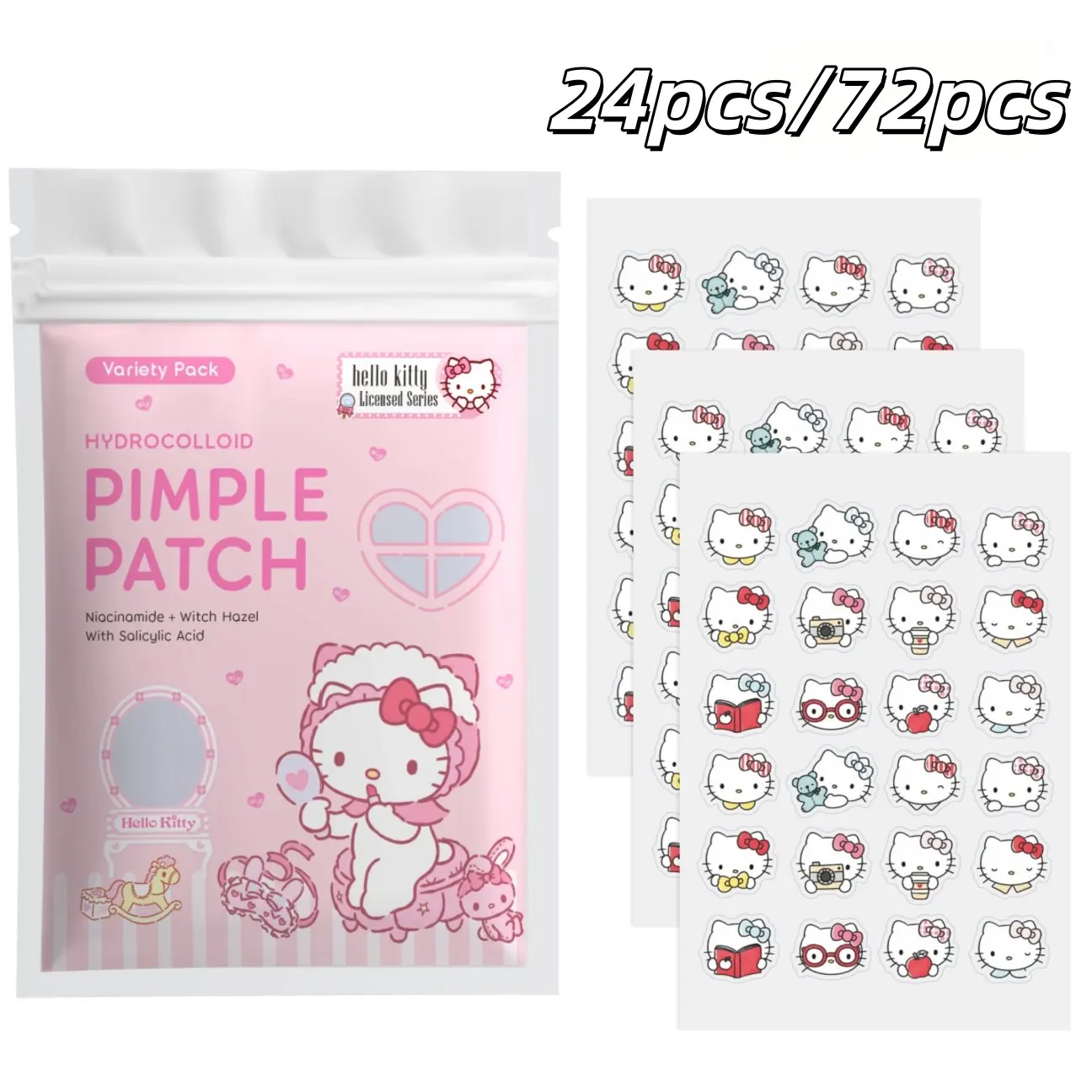 24/72 patchs hydrocolloïdes Hello Kitty pour boutons, autocollants anti-acné mignons à motif de dessin animé, pack varié de couvre-imperfections invisibles