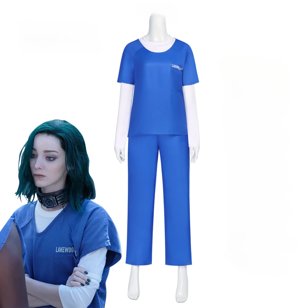 Green Hair Girl Emma Dumont Cosplay Lorna  Costume Blue Prison Uniform set Halloween The Gifted Outfit for Cool Woman Adult