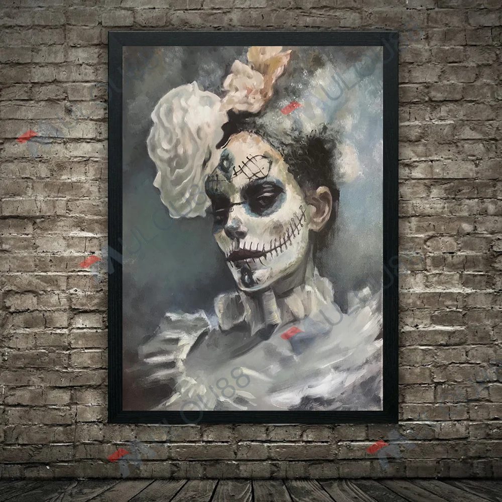 

Day Of The Dead Skeleton Makeup,Vintage Wall Art Canvas Painting,Mexican And Spanish Holiday Decorations Art Poster and Print
