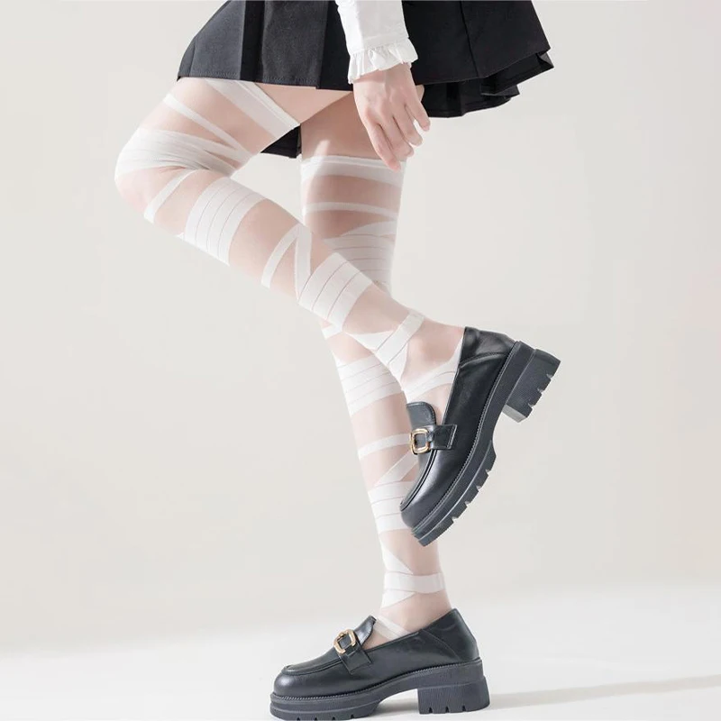 1Pair Women Japanese White Bandage Glass Wool Transparent Knee Stockings Lolita Summer Cross Straps Sexy Piles Of White Sock