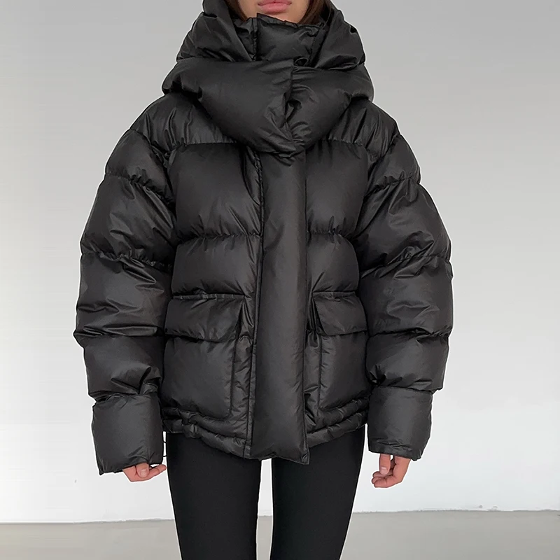 Kapuzenjacke mit Großen Taschen, Übergroße Gefütterte Jacken für Damen, Street-Style, Stehkragen, Lange Ärmel, Reißverschluss, Einfarbig, Lose Pufferjacken, Neue Oberbekleidung – Detail 28