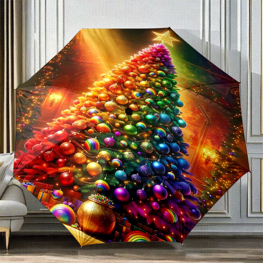 Rainbow Christmas Tree with Star and Decorative Lights Portable Folding Umbrella, Gift for Family And Friends