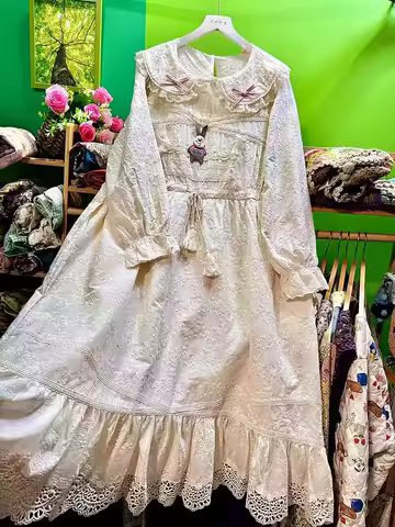 Retro Mori Girl Cottagecore Harajuku Lolita Kawaii Sweet Dress Vintage Cotton Lace Embroidery Evening Long Dress for Women