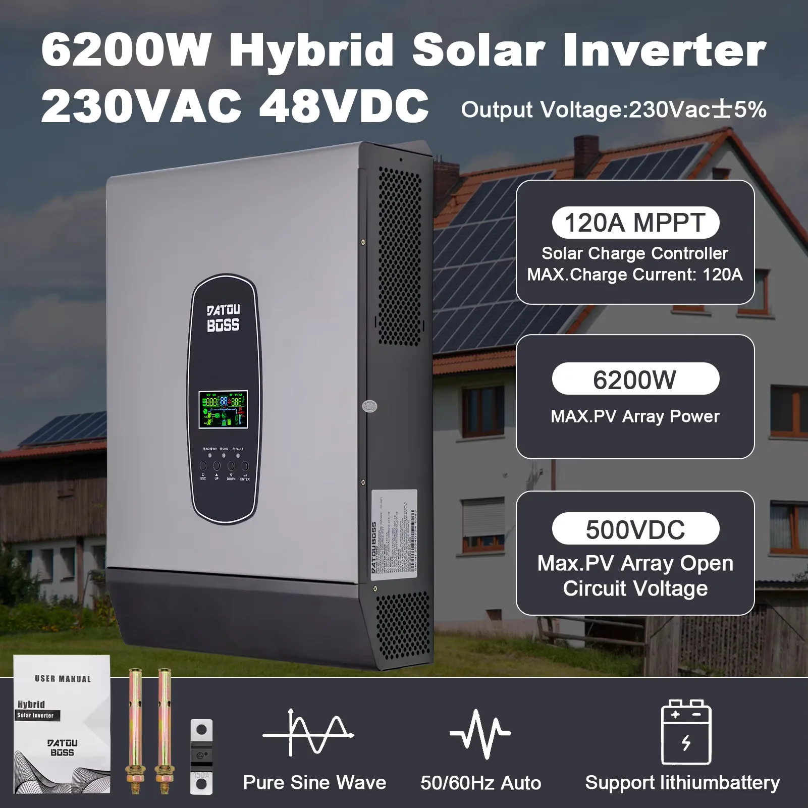 DATOUBOSS Solar Inverter 6200KW 48V with MPPT120A Li-ion Battery BMS LED Display Home Essentials Pure Sine Wave Inverter