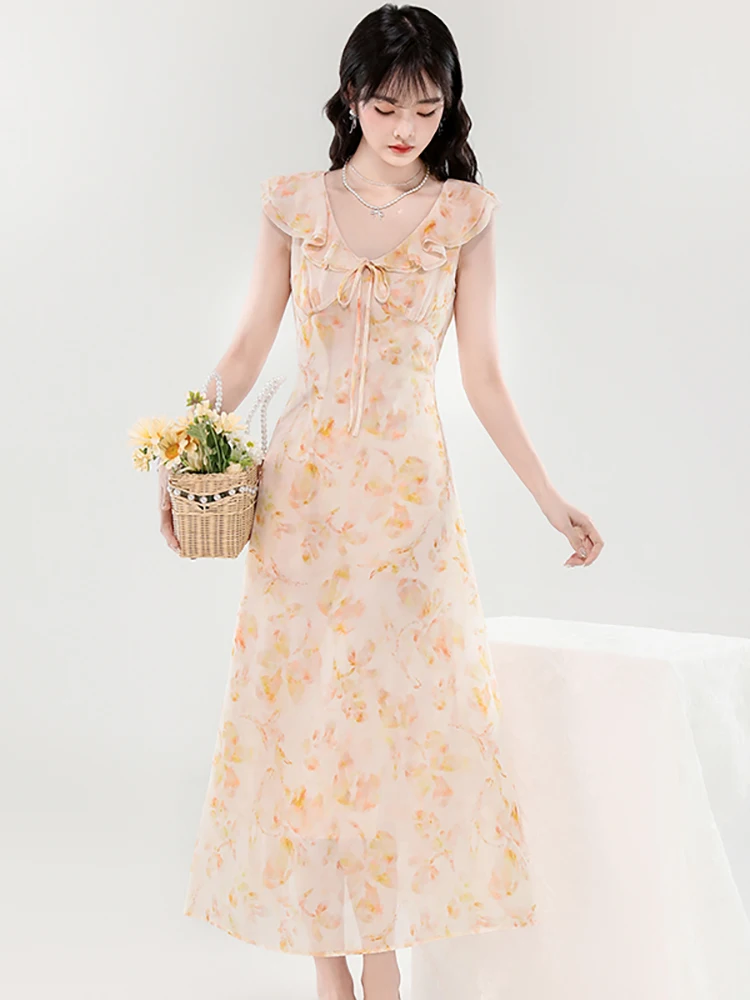 Vestido largo bohemio Floral de gasa con lazo y volantes para mujer, vestido largo elegante de lujo para Festival, vestidos informales ajustados coreanos 2025