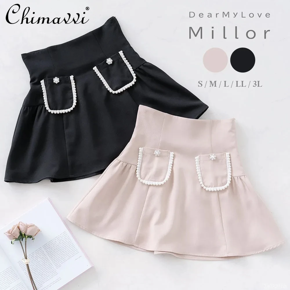 

Japanese Mine Style Sweet Cute Lolita High Waist A-line Short Skirt Bead Pocket Commuter Solid Color A-line Mini Skirt For Women