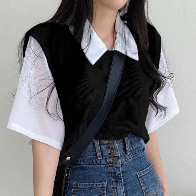 GIDYQ Korean Fake Two Piece T Shirt Women Fashion Patchwork Short Sleeve Shirt Female Elegant Casual Office Ladies Tees Summer