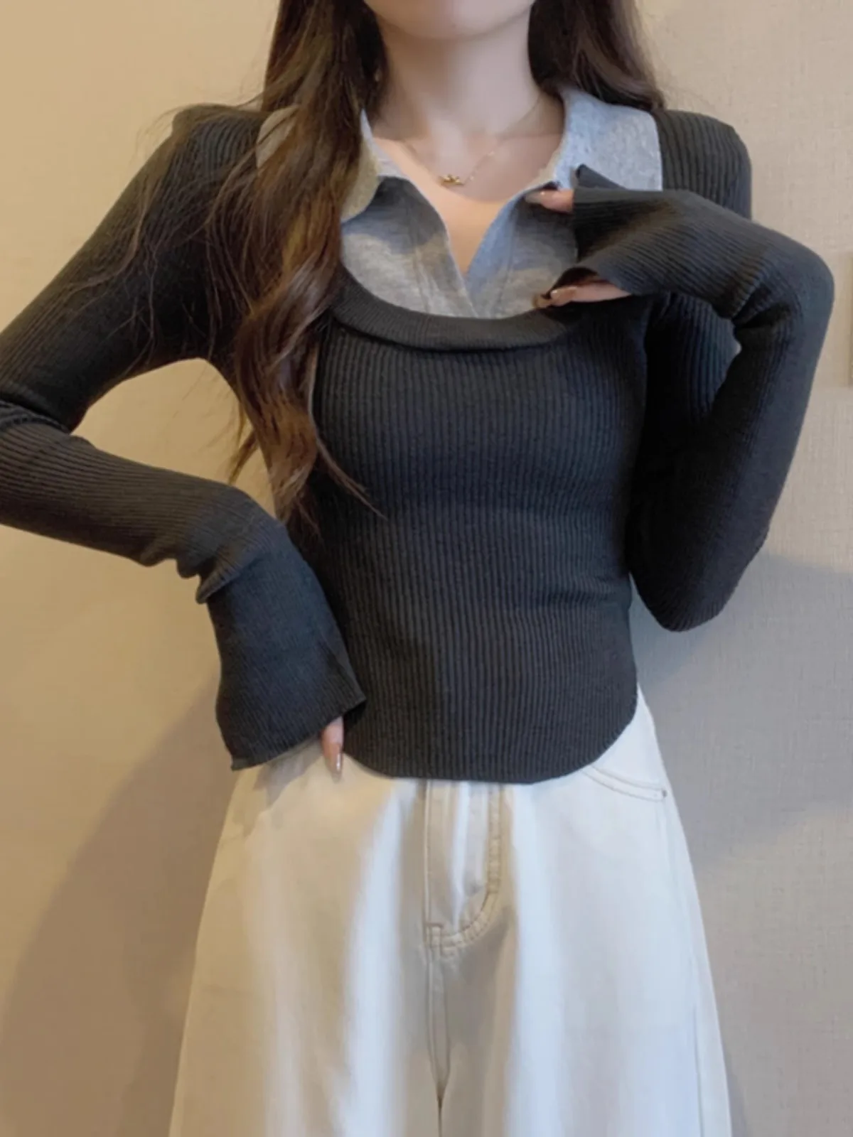 

Color Blo Knitted T-irt Women's Spring Autumn ort Sle Collar Slim Fit Base Layer Top Faion Commute Sle