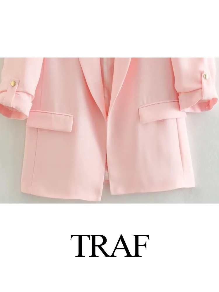 TRAF Fashion Women Elegant Button Pocket Decorate 12 Colors Street Style Coat Female Long Sleeve Lapel Casual Slim Balzers Coat