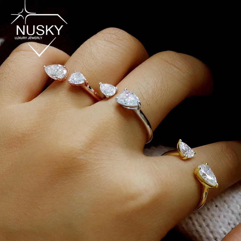 1.5cttw Waterdrop Shape Moissanite Open Rings for Women Pear Cut Lab Diamond S925 Silver Adjustable Size Wedding Band Jewelry