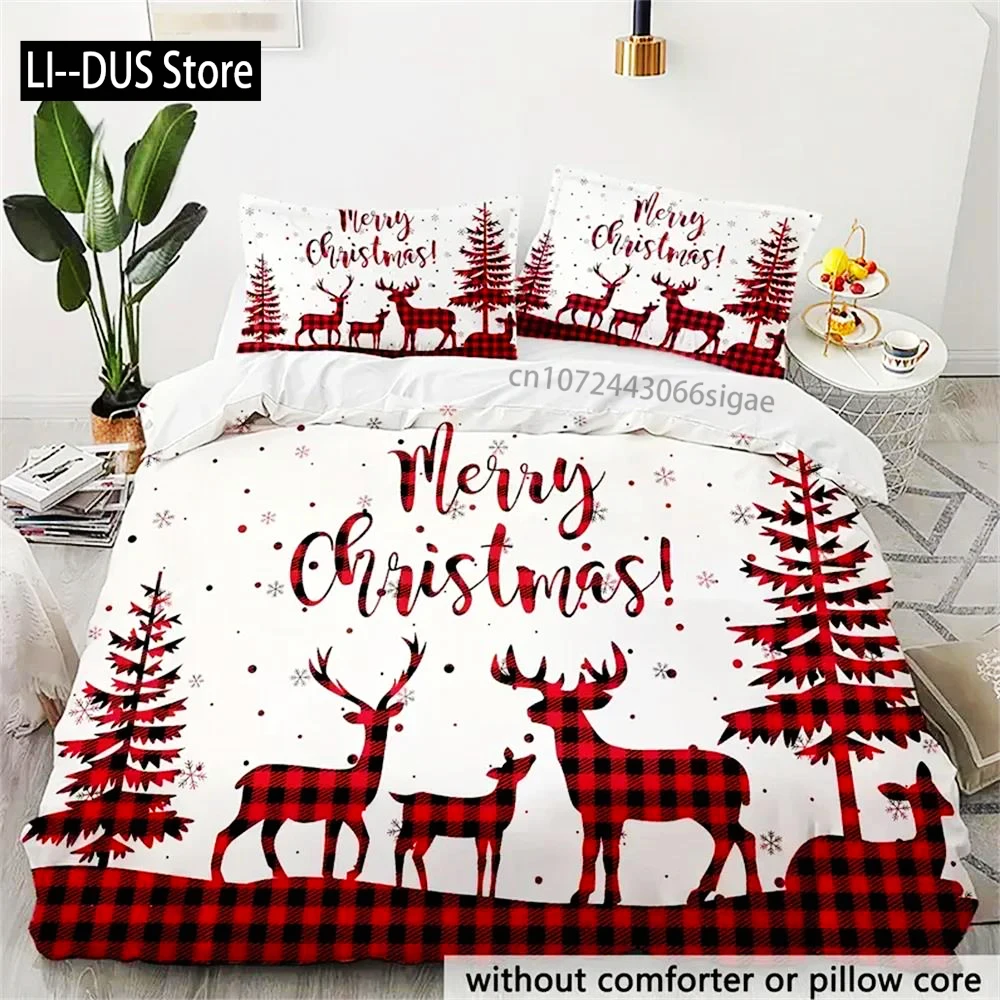 

3-Piece Merry Christmas Plaid Reindeer Duvet Cover Set - Soft, Comfortable, And Cozy Bedding For Bedroom And Guest Room