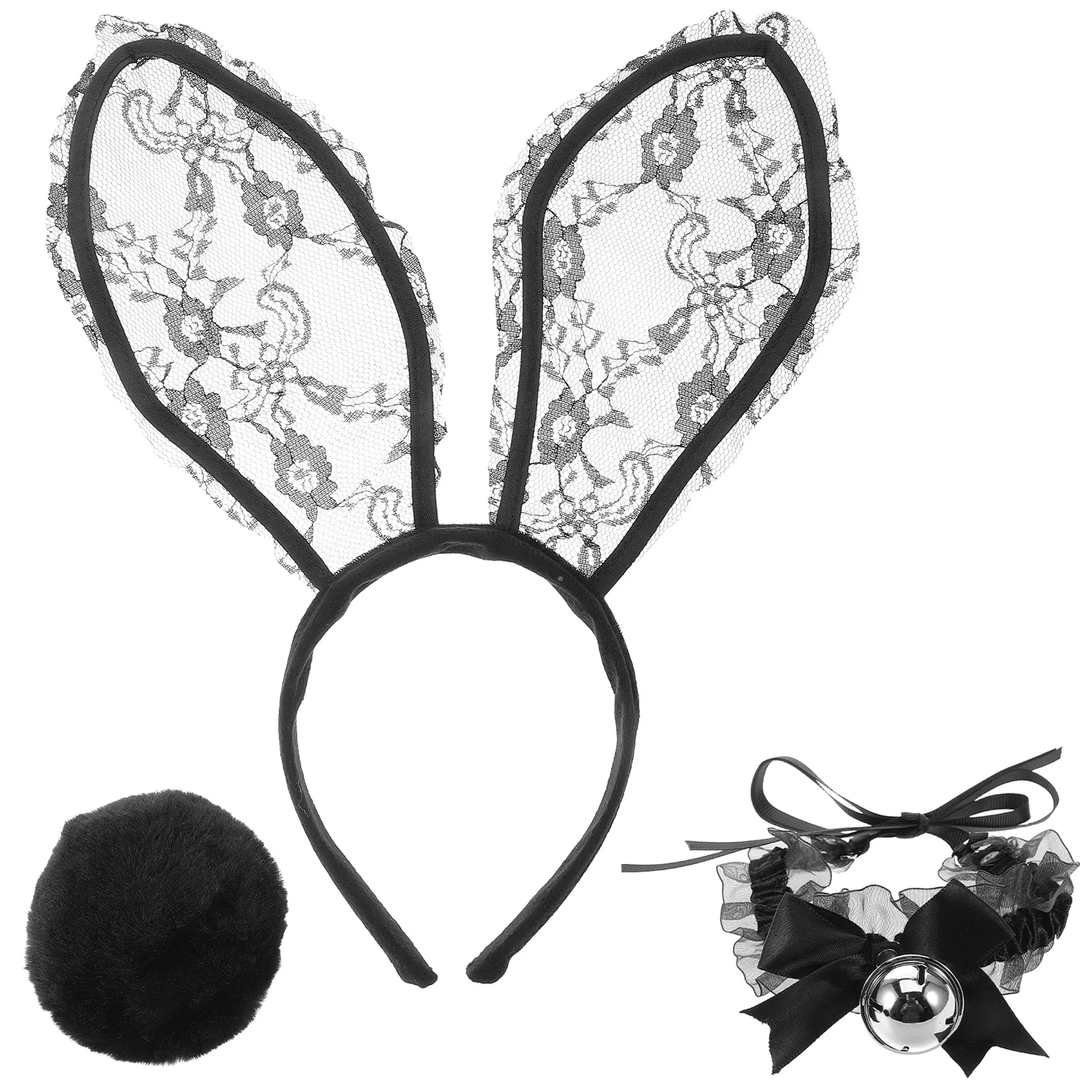 Schwarze Spitze Hasenohren Stirnband Kaninchen Kragen Runder Schwanz Ostern Party Halloween Hasenkostüm Zubehör Frauen Cosplay
