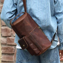 Genuine Leather Cylindrical Crossbody Bag Leisure Messenger Shoulder Bags Cowhide Male Travel Hiking Daypack for Men New bolsa