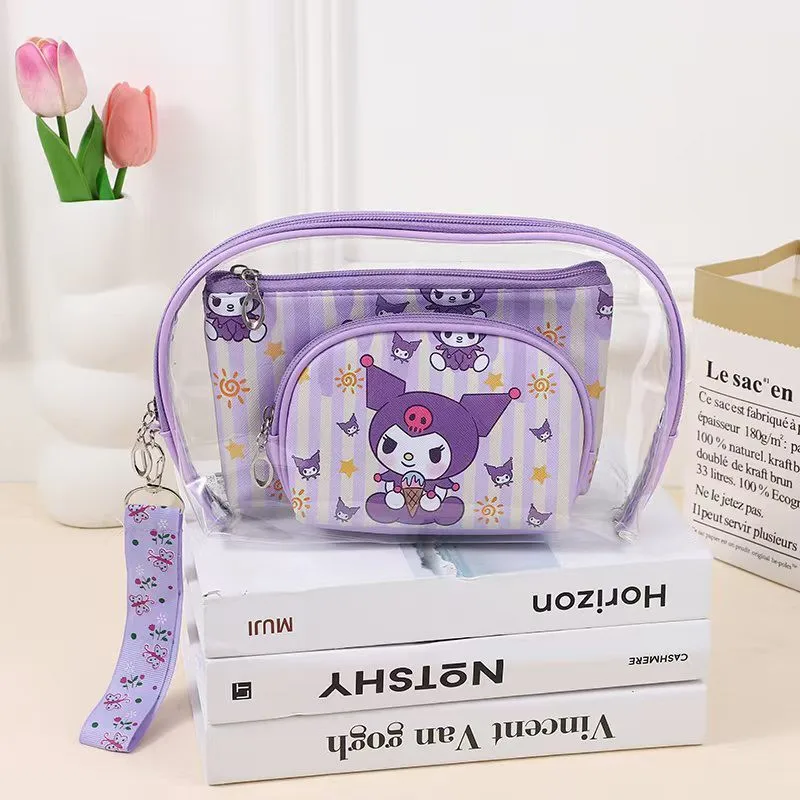 Borsa per il trucco Kawaii Hello Kitty Cartoon Versatile Pu Set da tre pezzi Palmare portatile Accessori da donna Commercio all'ingrosso di stoccaggio da viaggio