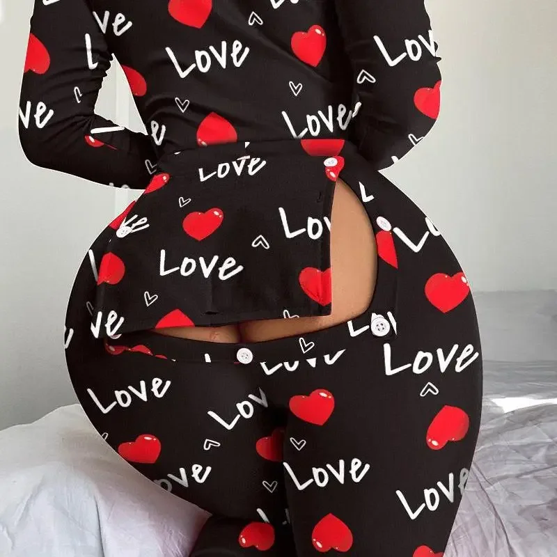 High Waist Home Jumpsuit Women Heart Letter Print Functional Buttoned Flap Sleep Onesie Slim Fit Long Conjoined Body Pants 2024