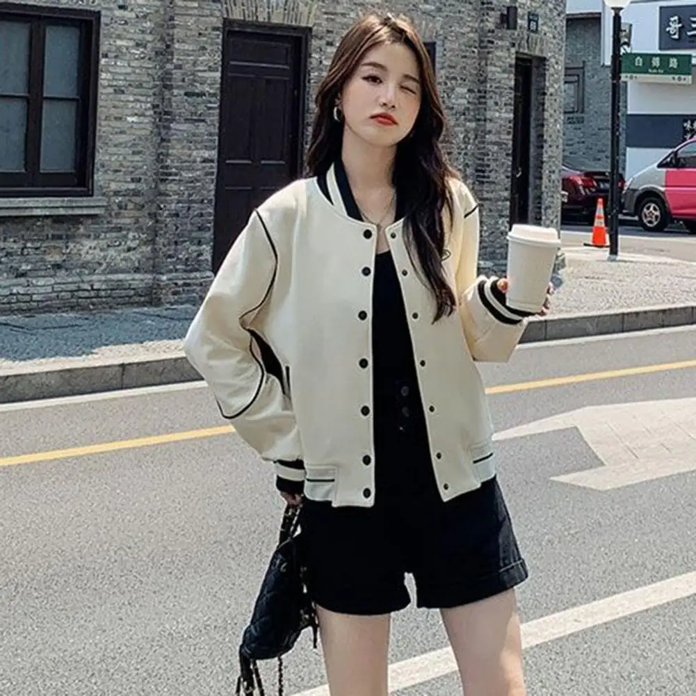 Women Coat Breathable Coat Stylish Women's Color Matching Baseball Coats with Stand Collar Pockets Elastic Cuffs for Hip Hop