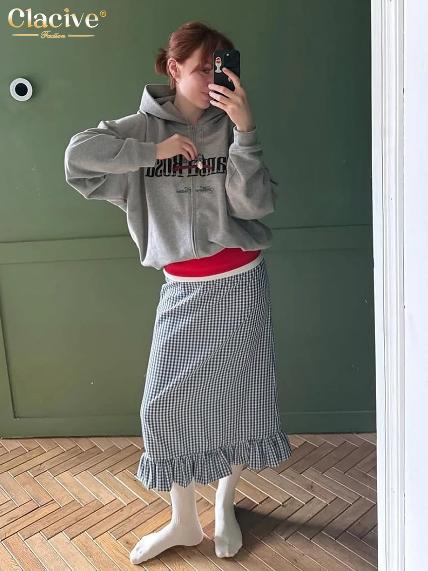Clacive Fashion Loose Plaid Women's Two Pieces Set 2025 Elegant Long Sleeve Shirt With High Waist Midi Skirt Set Female Clothing image 2
