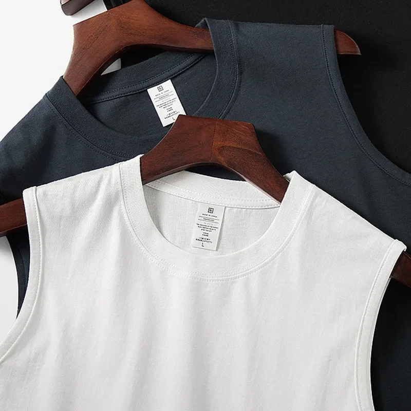 Novedad de verano, camiseta americana sin mangas con cuello redondo de Color sólido, moda para hombre, 100% algodón lavado, chaleco deportivo informal para Fitness y baloncesto
