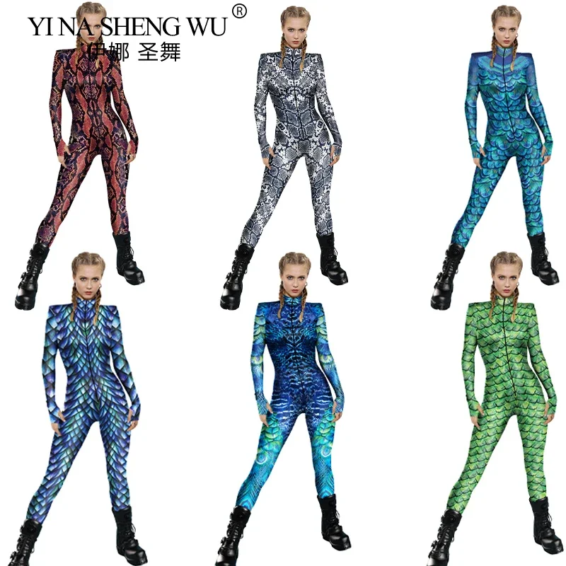 여성용 할로윈 코스튬 뱀 패턴 점프수트, 여성용 코스프레 의상, 지퍼 타이트 긴팔, 젠타이 바디수트